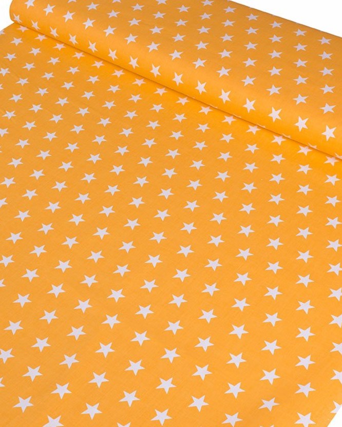 Bavlnené plátno - biele hviezdičky na žlto oranžovom