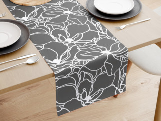 Bavlnený behúň na stôl - biele kvety na tmavo sivom
