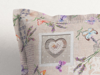 Dekoračná obliečka na vankúš s ozdobným lemom LONETA - srdce s motýľmi a levanduľami na režnom