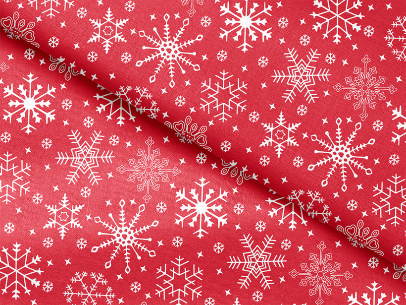 Vianočná bavlnená látka - snehové vločky na červenom