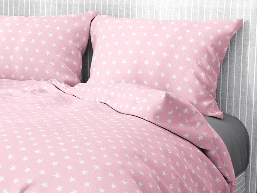 Bavlnené posteľné obliečky - biele hviezdičky na svetle ružovom