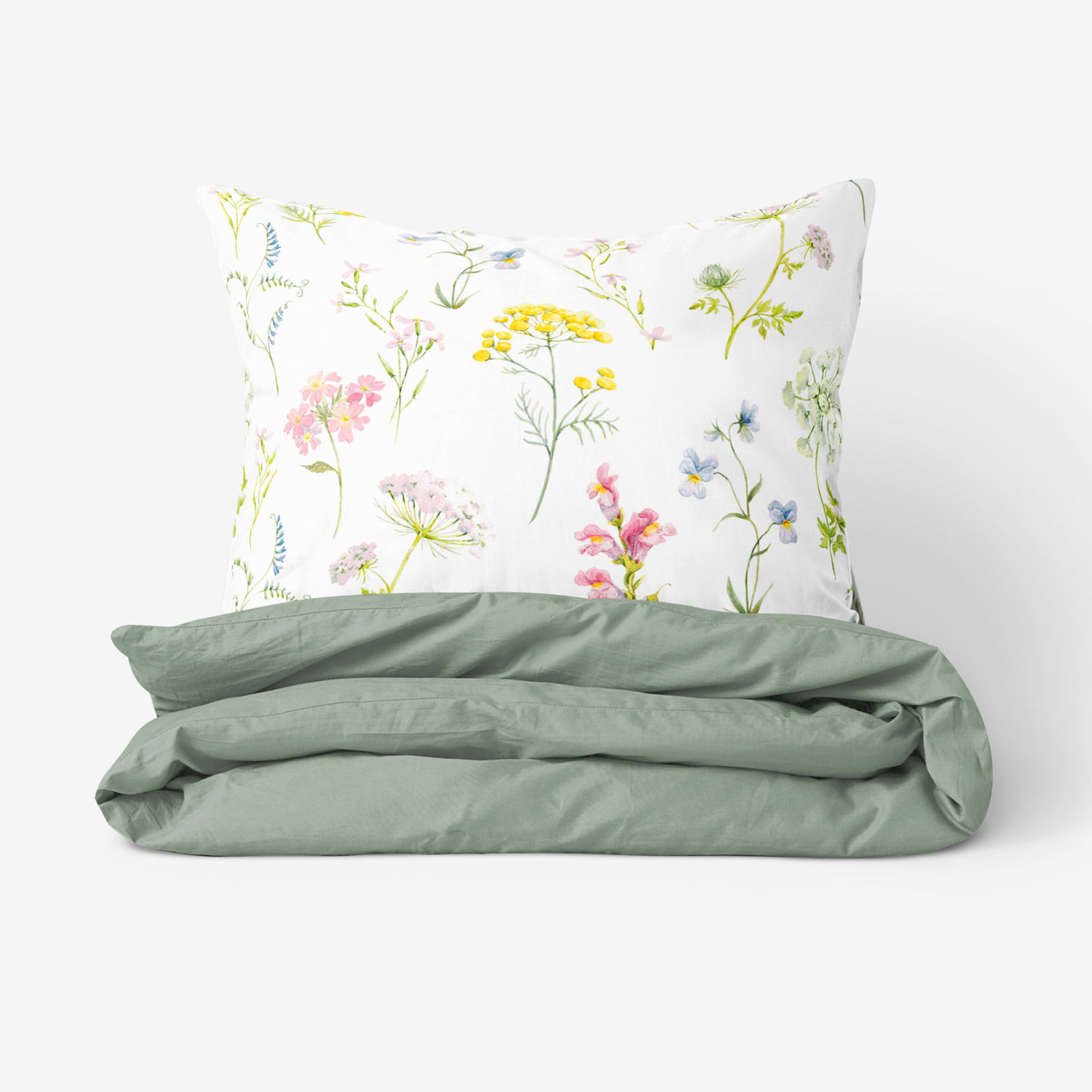 Bavlnené posteľné obliečky Duo - kvitnúca lúka s šalvejovo zelenou