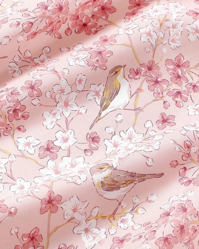 Bavlnené plátno Simona - vtáčiky v ružovej záhrade