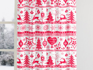 Vianočný bavlnený záves - vzor červené vianočné symboly na bielom