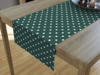 Dekoračný behúň na stôl LONETA - vzor biele bodky na tmavo zelenom