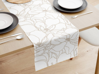 Bavlnený behúň na stôl - svetlo béžové kvety na bielom