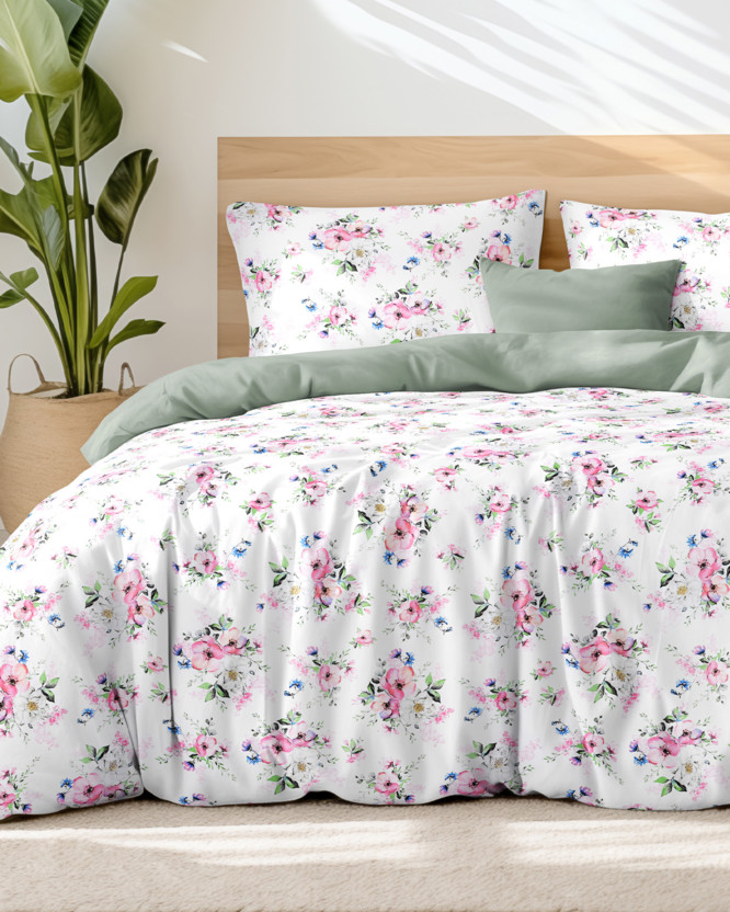 Bavlnené posteľné obliečky Duo - ružové sakury s lístkami s šalvejovo zelenou