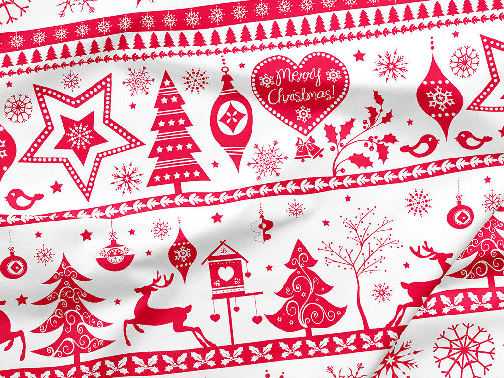 Bavlnené plátno - červené vianočné symboly na bielom