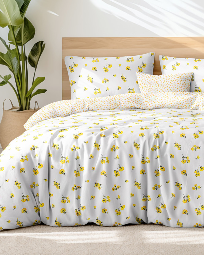 Bavlnené posteľné obliečky - žlté kvety a kvítí na bielom