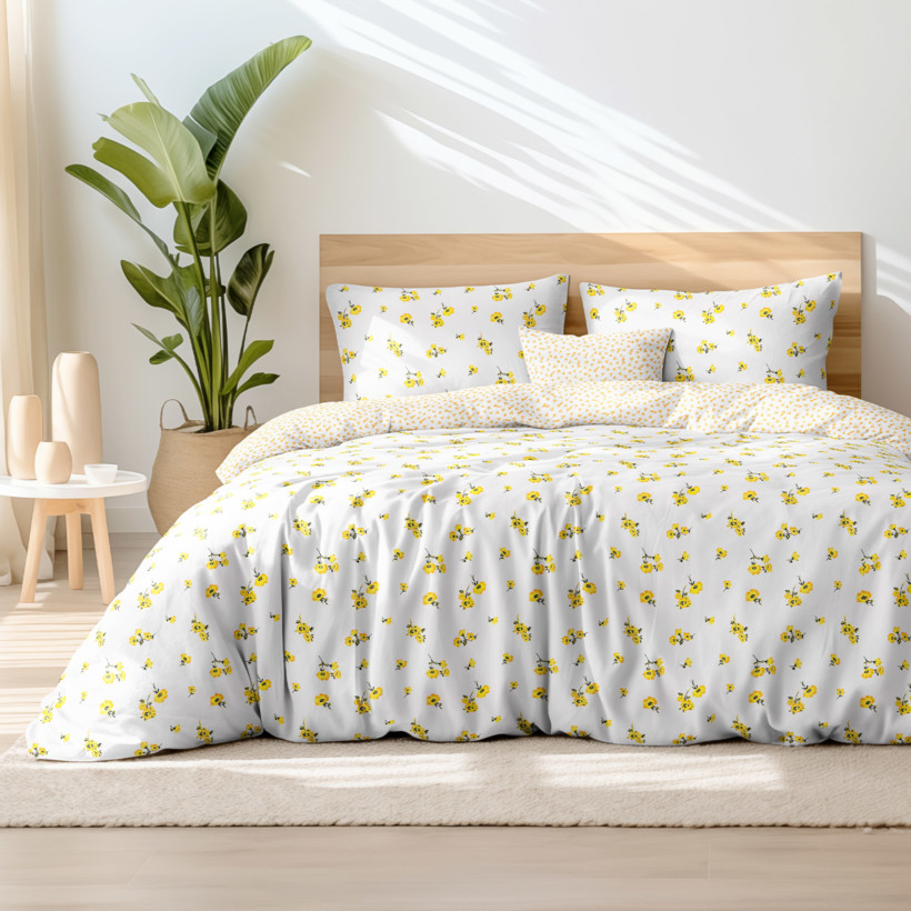 Bavlnené posteľné obliečky - žlté kvety a kvietky na bielom