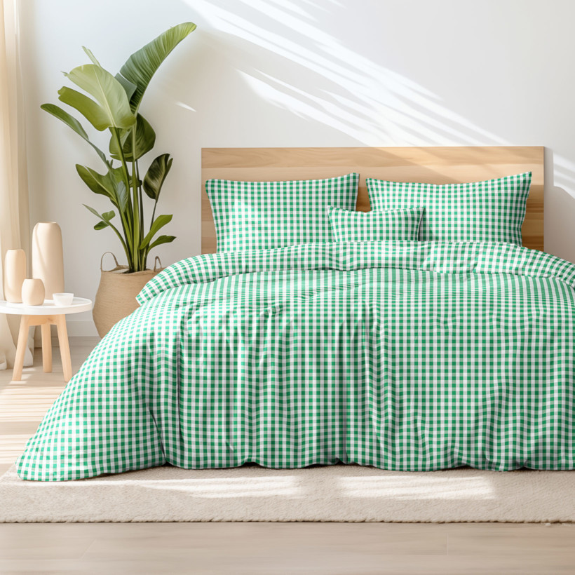 Tradičné bavlnené posteľné obliečky - zelené a biele kocky