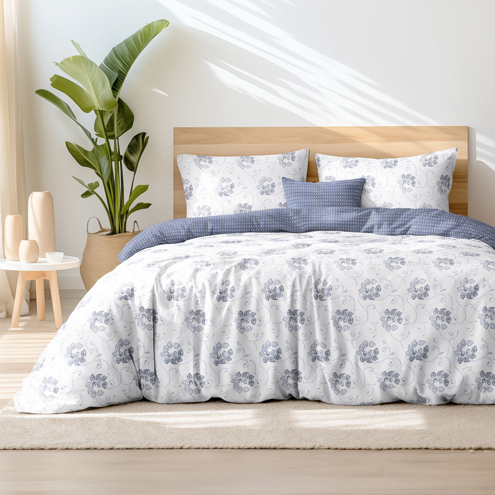 Bavlnené posteľné obliečky - tmavo modré kvetované ornamenty s geometrickými tvarmi
