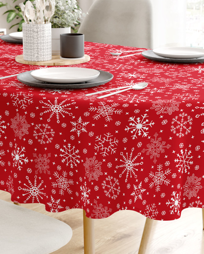 Vianočný oválny obrus 100% bavlna - snehové vločky na červenom