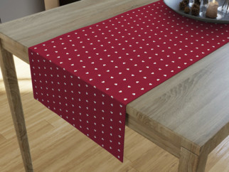 Dekoračný behúň na stôl LONETA - vzor biela srdiečka na červenom