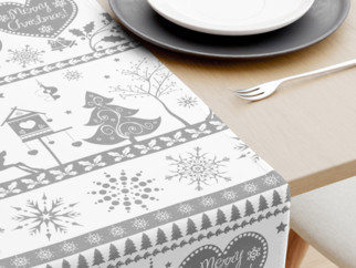 Vianočný bavlnený behúň na stôl - vzor vianočné symboly na bielom
