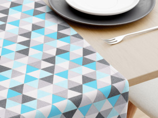Bavlnený behúň na stôl - vzor tyrkysové a sivé trojuholníky