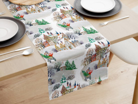 Vianočný dekoračný behúň na stôl - vzor zasnežené mestečko