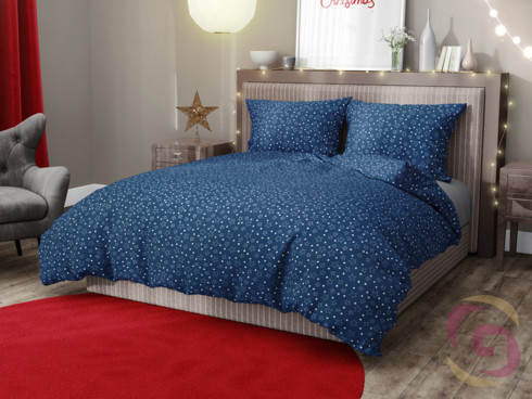 Vianočné bavlnené posteľné obliečky - vzor X-16 biele hviezdičky na modrom