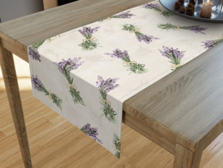 Dekoračný behúň na stôl - vzor kytice levanduľou na béžovom