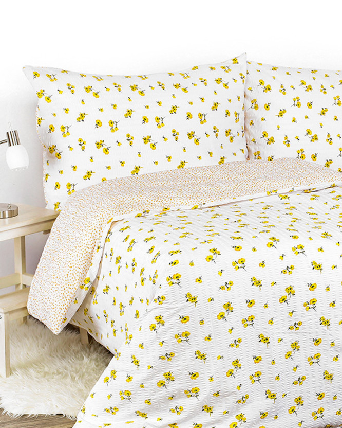 Krepové posteľné obliečky - žlté kvety a kvítí na bielom
