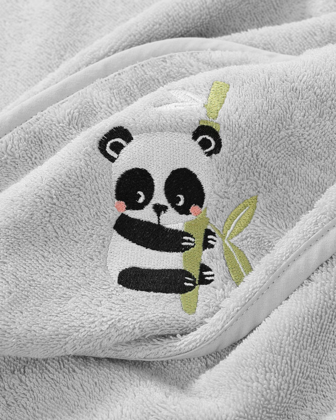 Detská froté osuška s kapucňou - Panda na svetlo sivej