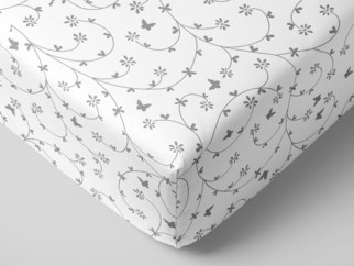 Bavlnená napínacia plachta - vzor sivé kvietky a motýle na bielom