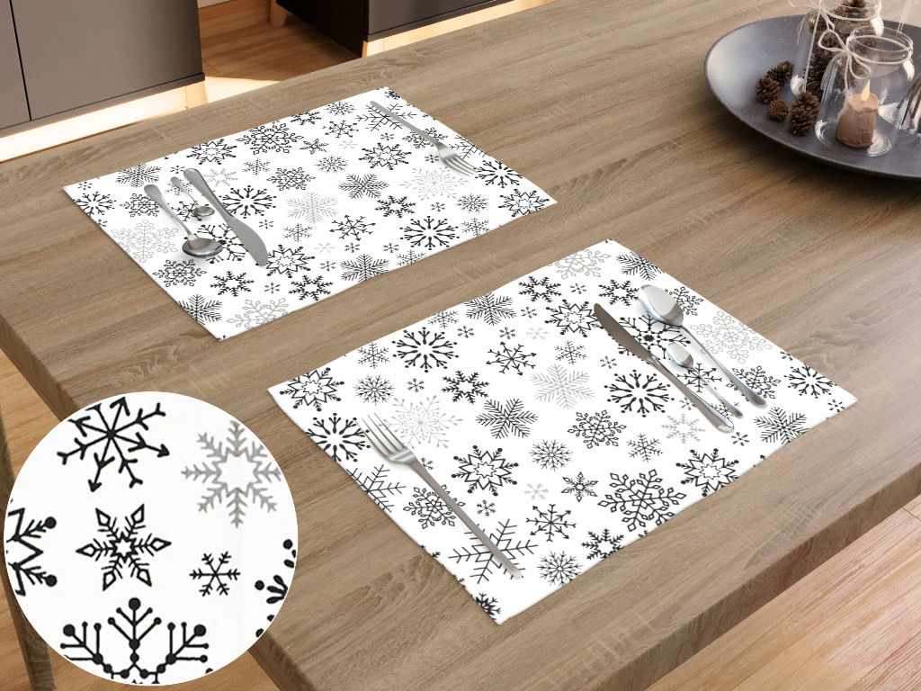 Vianočné prestieranie na stôl 100% bavlnené plátno - čierne vločky na bielom - sada 2ks