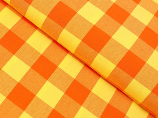 Bavlnená látka - veľké oranžovo-žlté kocky - metráž š. 150 cm