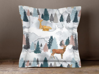 Vianočná obliečka na vankúš s ozdobným lemom LONETA - vzor maľovaní jeleni a srnky