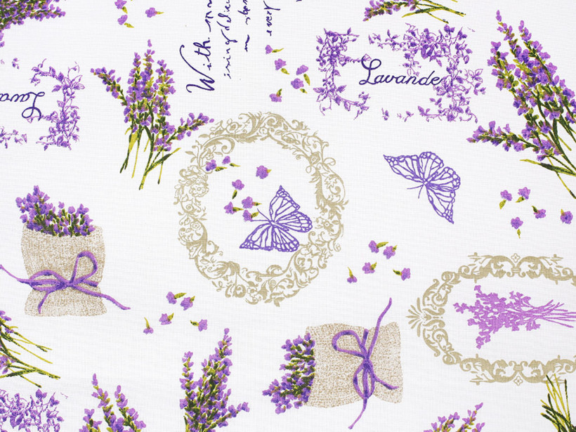 Bavlnené plátno - levanduľa a motýle s textami