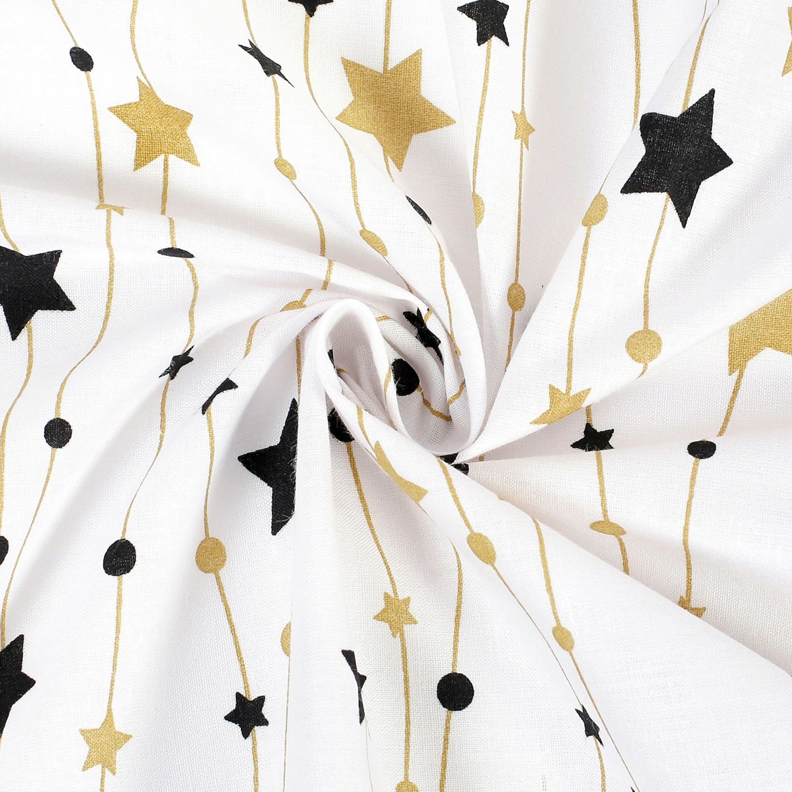 Vianočné bavlnené plátno - zlaté a čierne hviezdičky na bielom