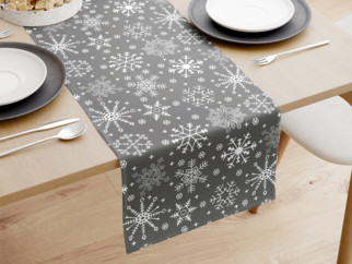 Behúň na stôl 100% bavlna - snehové vločky na sivom