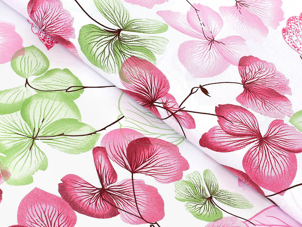 Bavlnené plátno - ružovo-zelené kvety s listami