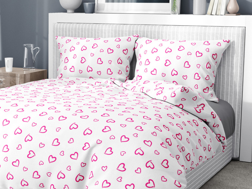 Bavlnené posteľné obliečky - ružová srdce na bielom