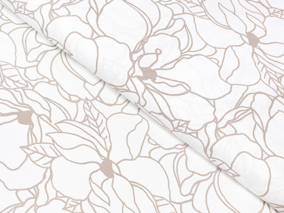 Bavlnené plátno SIMONA - svetlo béžové kvety na bielom - metráž š. 145 cm