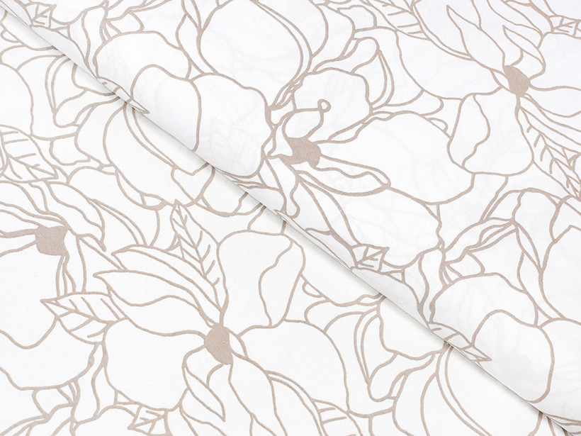 Bavlnené plátno - svetlo béžové kvety na bielom