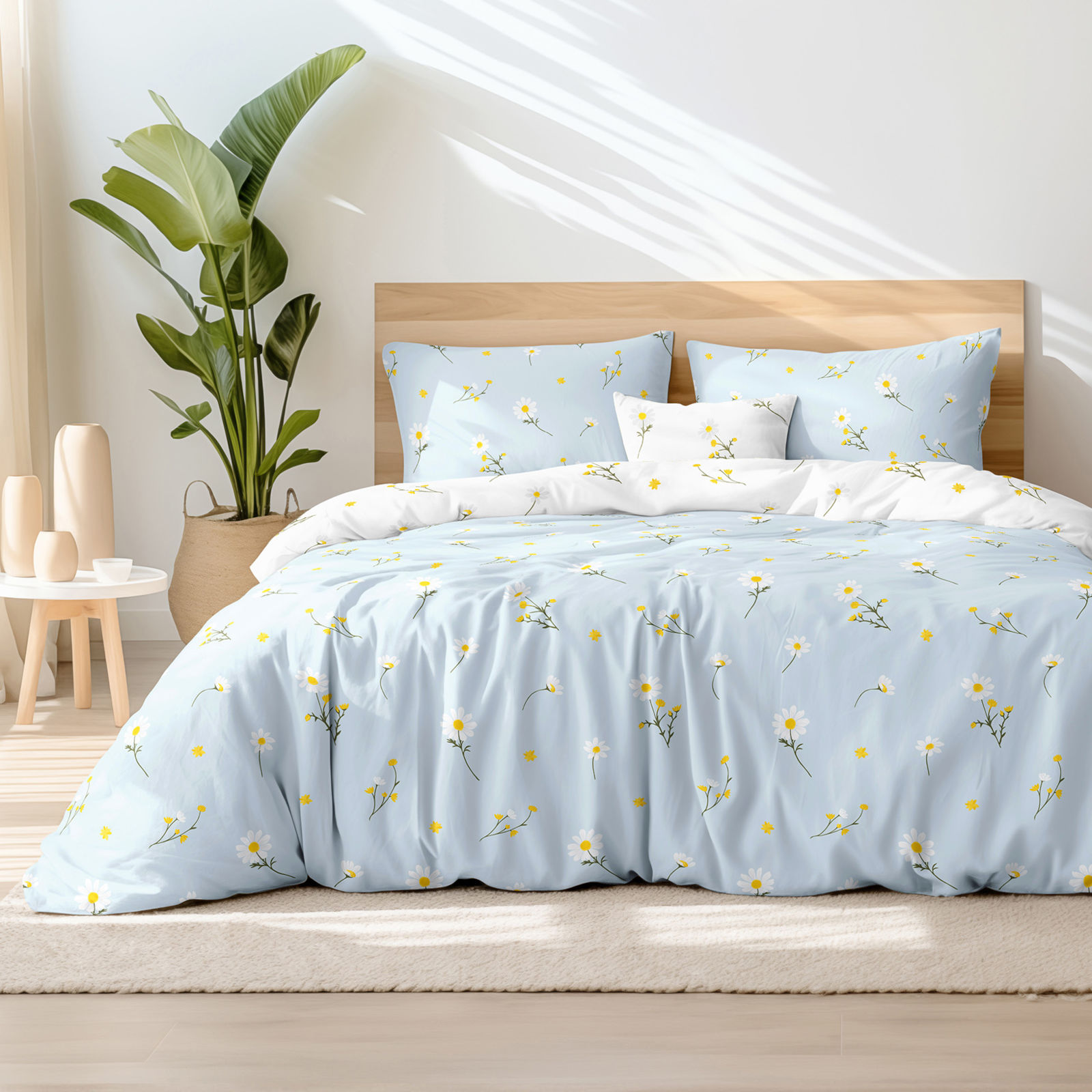 Bavlnené posteľné obliečky - harmanček so svetlo modrou