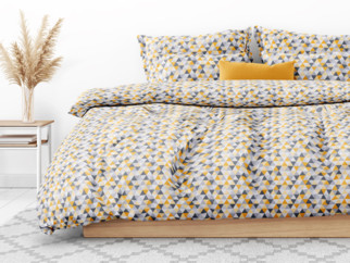 Bavlnené posteľné obliečky - vzor 970 oranžové a sivé trojuholníky