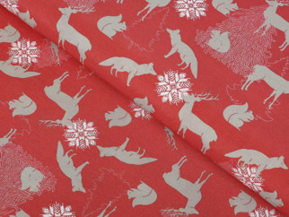 Vianočná dekoračná látka LONETA - MOUNTAIN SNOW C-401 - vzor vianočné zvieratka na červenom - šírka 140 cm