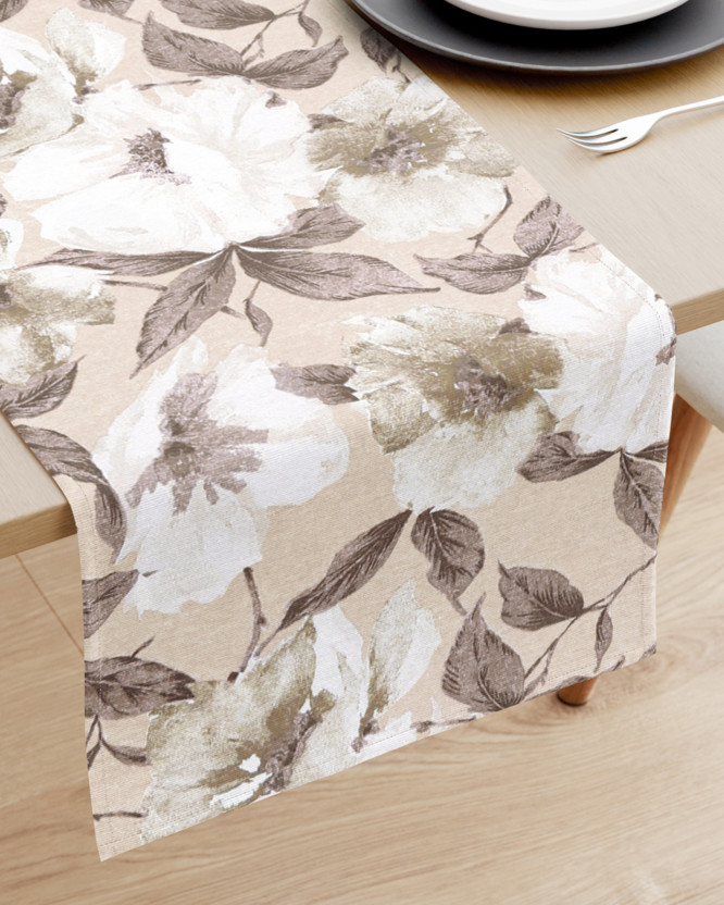 Behúň na stôl Loneta - biele a hnedé kvety s listami