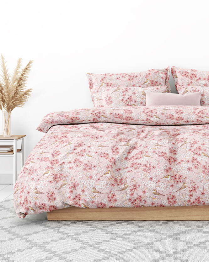 Bavlnené posteľné obliečky - vtáčiky v ružovej záhrade