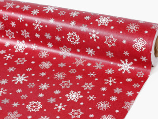 PVC obrusovina s textilným podkladom - vianočný vzor snehových vločiek na červenom - metráž š. 140 cm