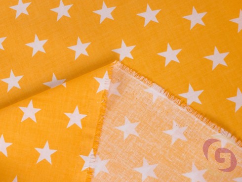Bavlnené plátno SIMONA - vzor 630 biele hviezdičky na žlto oranžovom