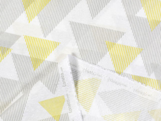 Dekoračný záves LONETA - vzor sivé a žlté prúžkované trojuholníky