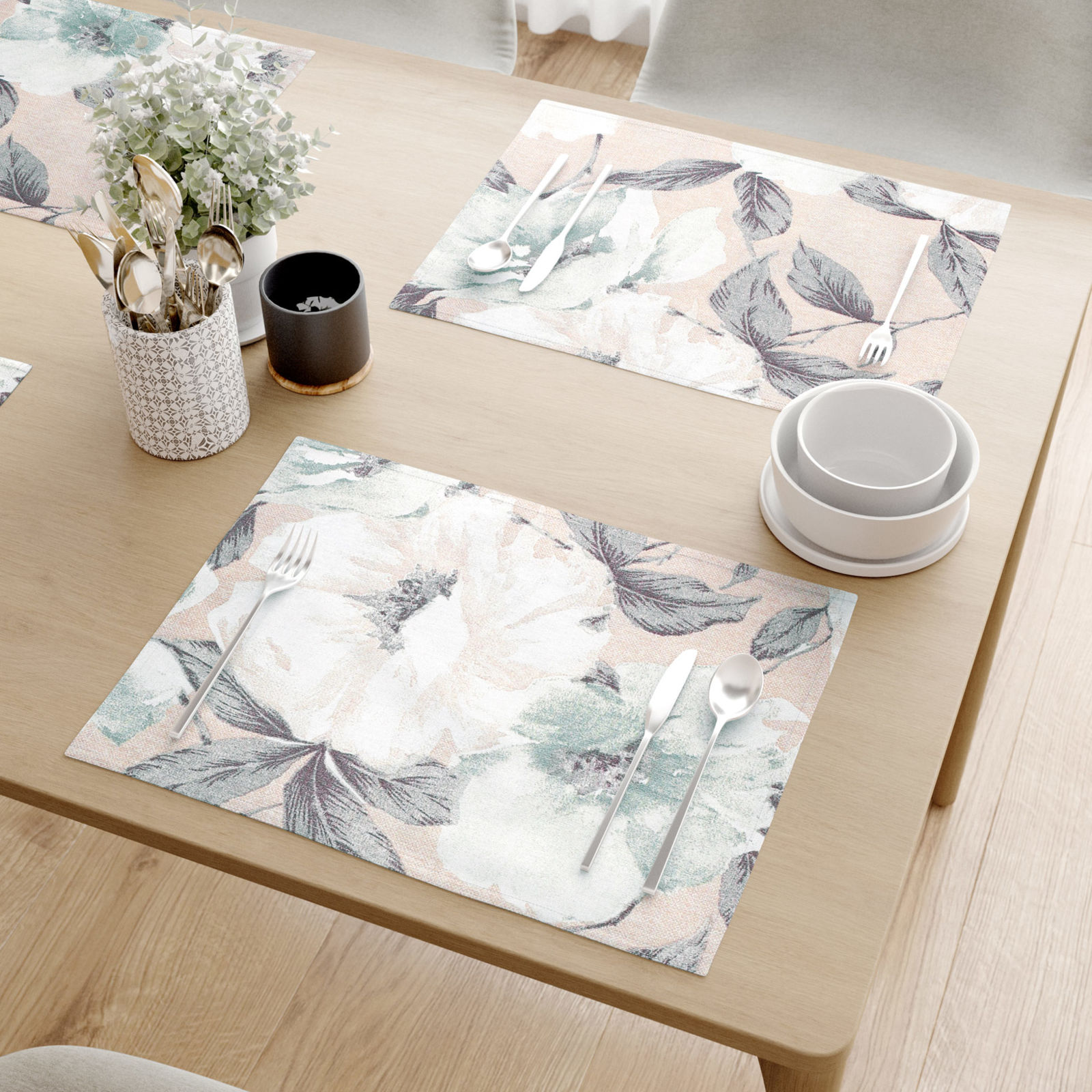 Prestieranie na stôl Loneta - zelenosivé kvety s listami - sada 2ks