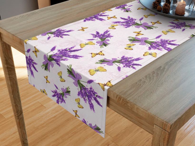 Behúň na stôl 100% bavlnené plátno - levanduľa s motýľmi