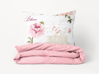 Bavlnené posteľné obliečky Duo - pivonky s textami s pastelovo ružovou