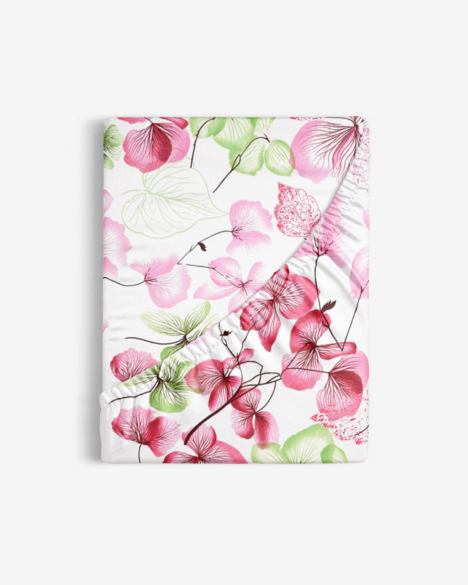 Bavlnená napínacia plachta - ružovo-zelené kvety s listami