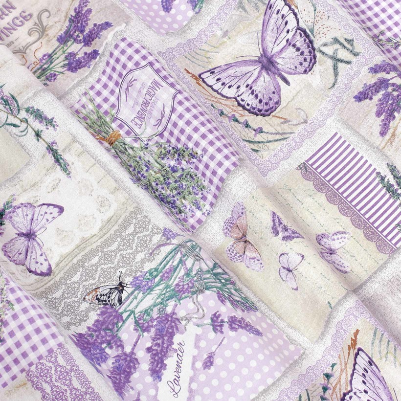 Behúň na stôl 100% bavlnené plátno - patchwork levanduľou s motýľmi