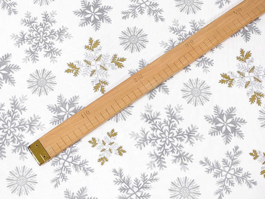 Vianočná bavlnená látka - sivé vločky so zlatými trblietkami